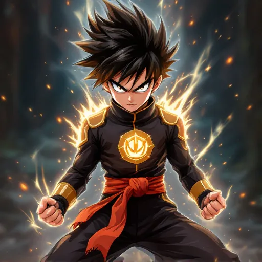 A determined young boy with spiky hair and bright eyes, wearing a distinctive outfit. He possesses unwavering courage and loyalty, constantly striving to protect friends and overcome challenges through sheer willpower and training. In intense battle scenes, he unleashes powerful special moves while shouting inspirational phrases, demonstrating growth through each confrontation., anime boy, shonen style, dynamic pose, vibrant colors, action-oriented, anime character portrait, high quality, detailed, best quality, masterpiece, high resolution