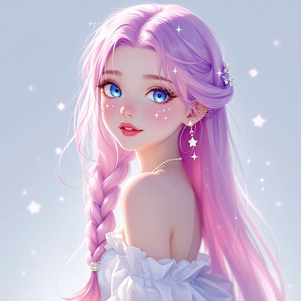 Anime girl, long pink hair (#FFB3DE) with lavender gradient tips (#E0B0FF 5%), layered hairstyle: wavy outer layer / straight inner base, left side braid with pearl chain (#F0F8FF), right side heart-shaped bangs, violet-blue eyes (#8A2BE2 iris → #6A5ACD rim) with silver nebula patterns, star-shaped highlights (#FFFFFF), off-shoulder chiffon dress (#FFF5EE), purple sash (#BA55D3→#9370DB gradient) with tassels, puffed sleeves: sheer outer / satin inner (#E6E6FA), no handheld items, cel-shading, front view, 8k details --niji 6 --style anime_grace --ar 3:4 , traditional anime style, traditional colors, traditional elements, anime character portrait, high quality, detailed, best quality, masterpiece, high resolution