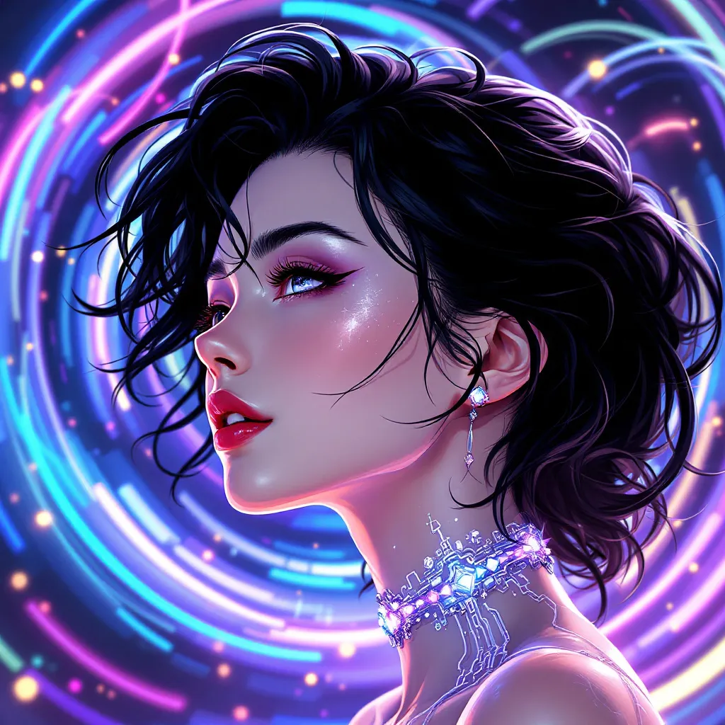 侧脸 厌世眼 微分碎盖 手绘, cyberpunk anime style, futuristic, technological, neon lights, anime character portrait, high quality, detailed, best quality, masterpiece, high resolution