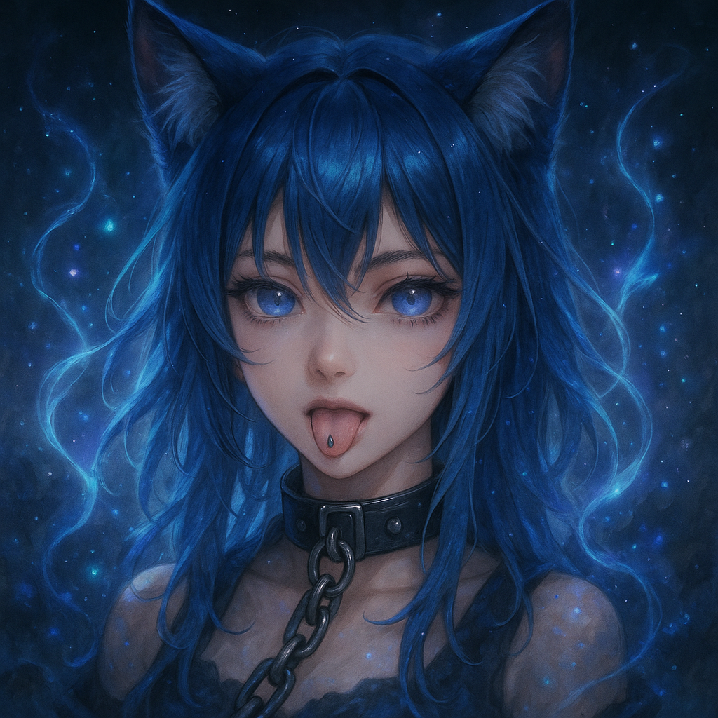 蓝发，猫耳，舌钉，项圈，锁链