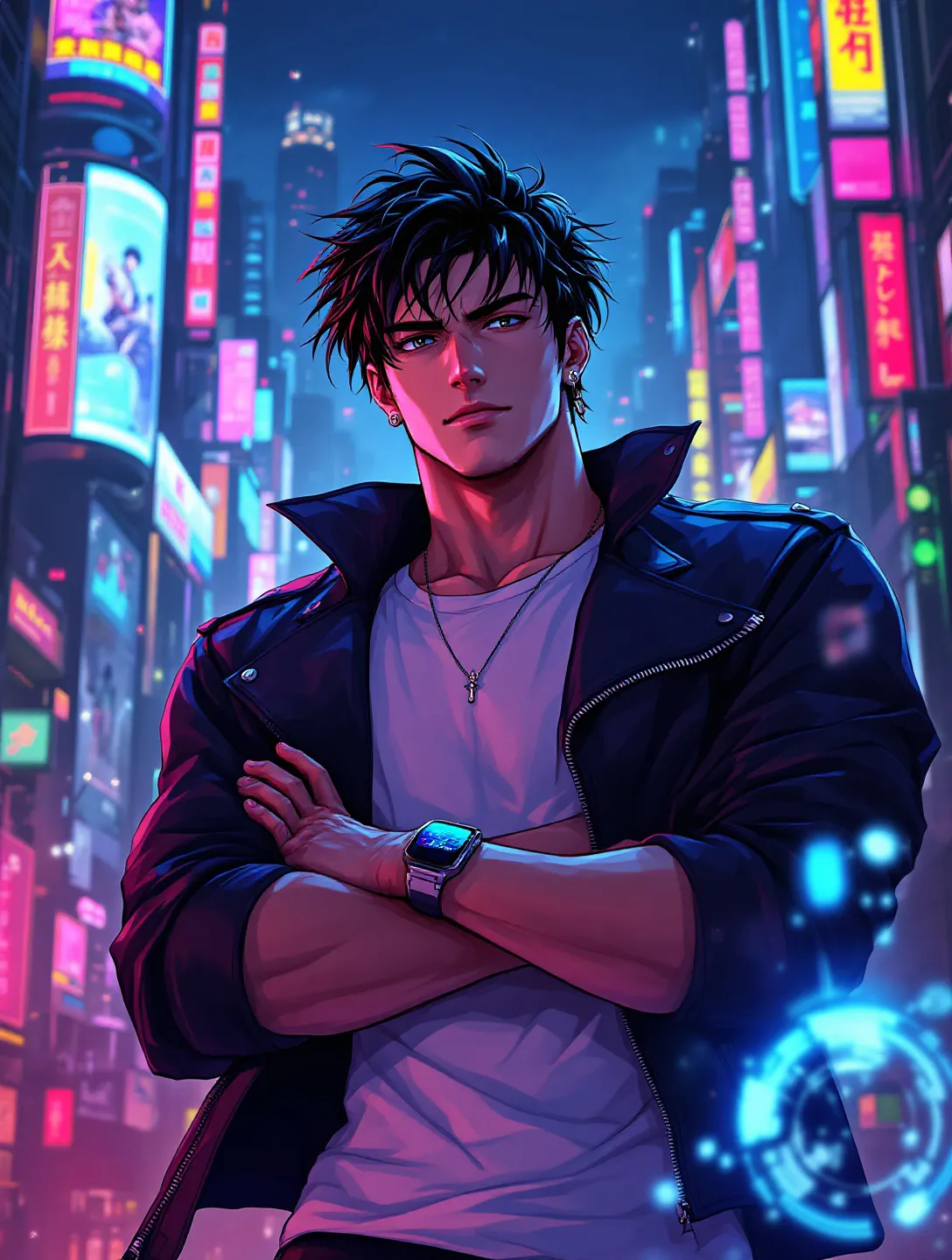 霸气 男生, cyberpunk anime style, futuristic, technological, neon lights, anime character portrait, high quality, detailed, best quality, masterpiece, high resolution