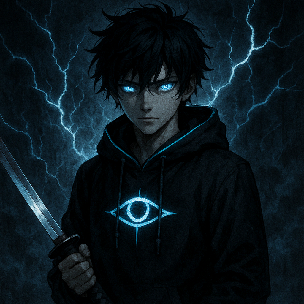 "Anime boy with messy black hair and glowing blue eyes. Wearing a black hoodie with neon blue trim cool and serious expression. Holding a katana. A glowing white eye symbol on his hoodie chest or behind him. Background is dark with electric blue lightning and mist. Mysterious and powerful gamer vibe."
