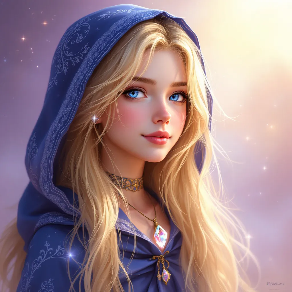 It is a girl, blond hair, blue eyes, and she likes the colours blue and read , fantasy anime style, magical elements, ethereal atmosphere, mystical, anime character portrait, high quality, detailed, best quality, masterpiece, high resolution