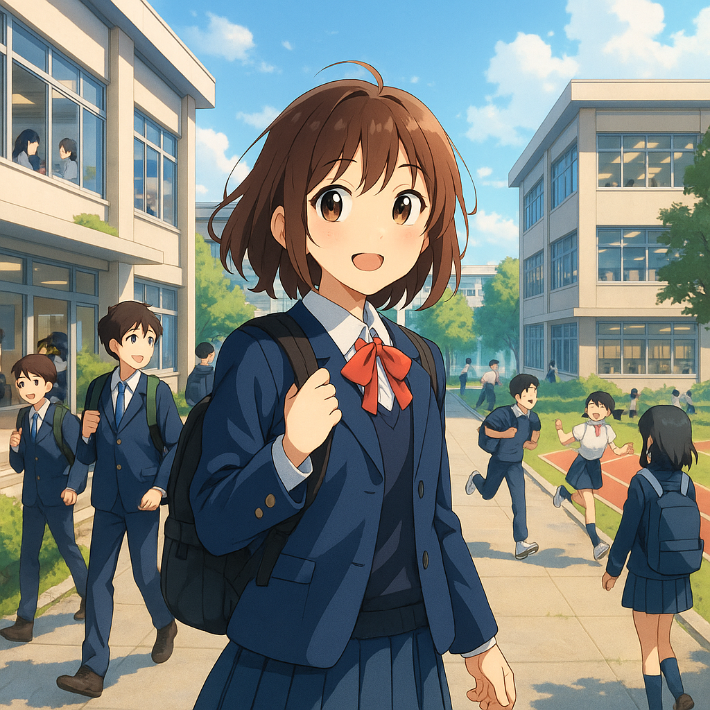 校园里充满朝气的学子们穿着整洁的校服，背着书包有序地穿梭在教学楼之间。教室内传来琅琅读书声，操场上回荡着体育课的欢笑，图书馆里沉浸着专注学习的安静氛围。