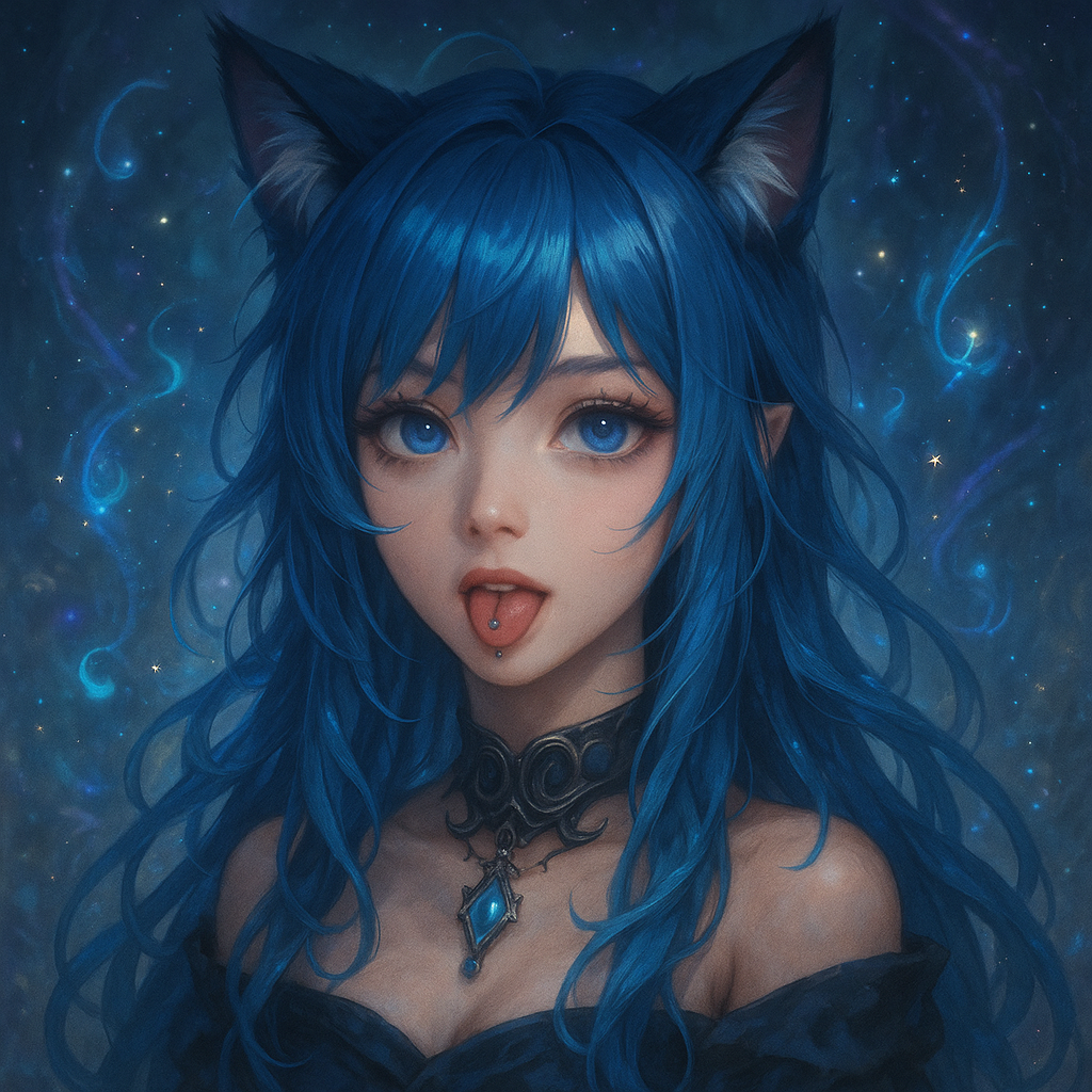 蓝发，猫耳，舌钉