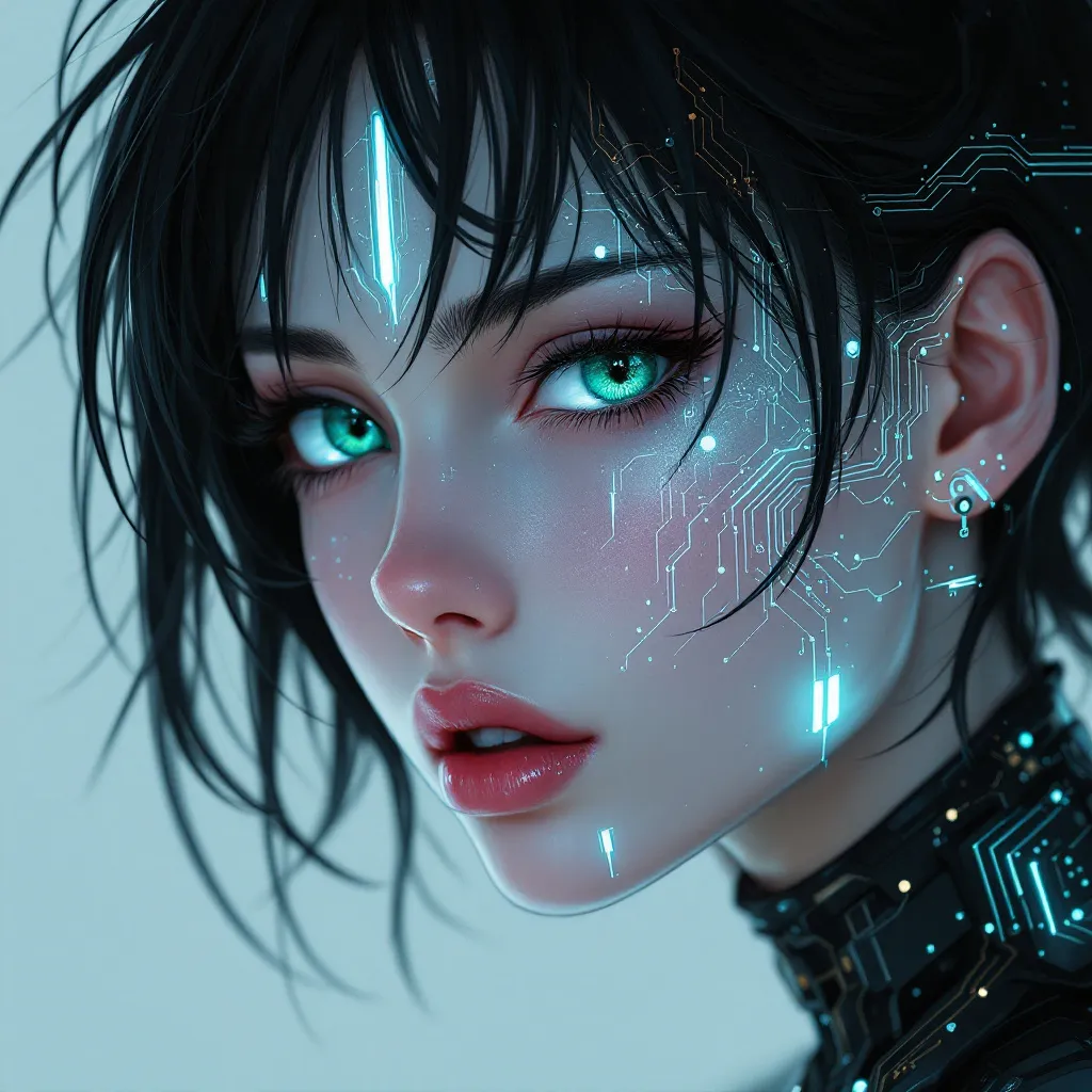 侧脸 厌世眼 微分碎盖 手绘, cyberpunk anime style, futuristic, technological, neon lights, anime character portrait, high quality, detailed, best quality, masterpiece, high resolution