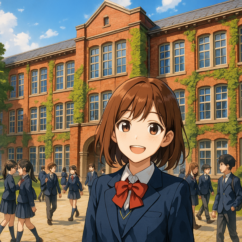 A traditional red-brick school building stands proudly against the blue sky with tall windows and ivy-covered walls. Students in uniforms bustle through its corridors their laughter echoing in the halls. The atmosphere buzzes with energy as eager minds engage in learning fostering both academic excellence and personal growth.