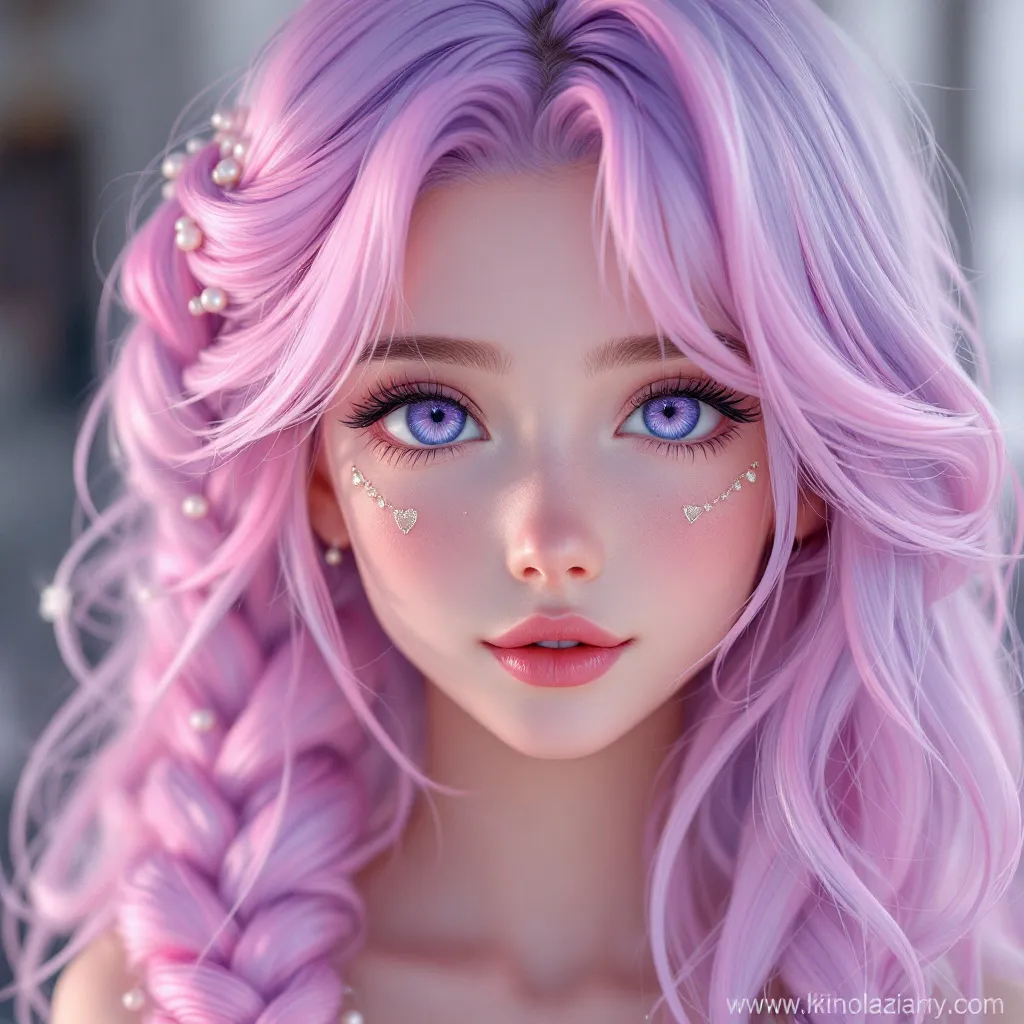 Anime girl, long pink hair (#FFB3DE) with lavender gradient tips (#E0B0FF 5%), layered hairstyle: wavy outer layer / straight inner base, left side braid with pearl chain (#F0F8FF), right side heart-shaped bangs, violet-blue eyes (#8A2BE2 iris → #6A5ACD rim) with silver nebula patterns, star-shaped highlights (#FFFFFF), off-shoulder chiffon dress (#FFF5EE), purple sash (#BA55D3→#9370DB gradient) with tassels, puffed sleeves: sheer outer / satin inner (#E6E6FA), no handheld items, cel-shading, front view, 8k details --niji 6 --style anime_grace --ar 3:4 , school uniform, slice of life anime style, casual pose, school background, anime character portrait, high quality, detailed, best quality, masterpiece, high resolution