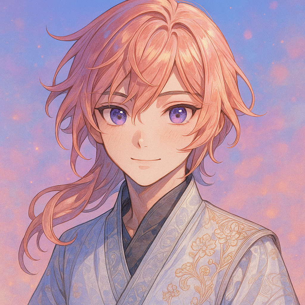 Imagine a captivating anime portrait of a charismatic character with a gentle yet confident aura. Their hair is a cascade of shimmering pastel rose-gold strands that fall in soft sweeping waves framing a delicate heart-shaped face. The eyes are large and expressive sparkling with a deep lavender hue that reflects both mysticism and friendliness. A subtle blush accentuates naturally defined cheeks hinting at a warm personality. They wear a modern fusion outfit—a blend of futuristic minimalism and hints of traditional Japanese kimono design—with intricate embroidery and delicate patterns that catch the light. The background is a dreamy pastel gradient merging hues of soft pink lavender and sky blue with subtle bokeh effects that evoke a twilight ambiance. The overall style is ultra-detailed with crisp clean linework meticulous shading and ethereal lighting that gives a slight painterly quality merging digital illustration techniques with an unmistakable anime charm. The image should radiate a mix of modern vibrancy and timeless elegance perfect for a standout profile picture.