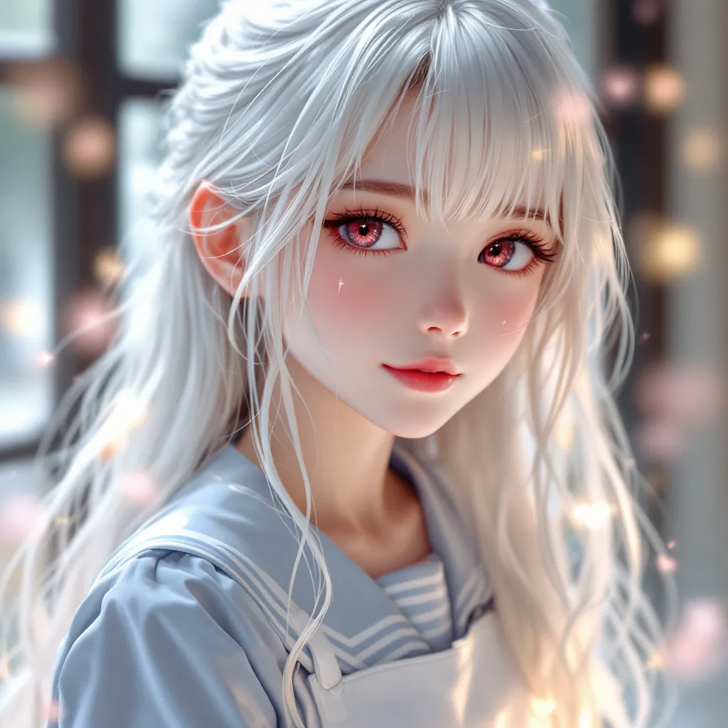 白发红瞳，穿着水手服加白丝, anime girl, shoujo style, soft colors, romantic atmosphere, delicate features, anime character portrait, high quality, detailed, best quality, masterpiece, high resolution