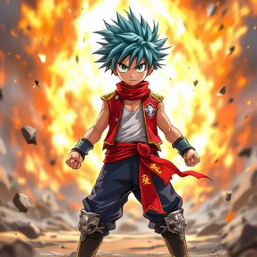 A determined young boy with spiky hair and bright eyes, wearing a distinctive outfit. He possesses unwavering courage and loyalty, constantly striving to protect friends and overcome challenges through sheer willpower and training. In intense battle scenes, he unleashes powerful special moves while shouting inspirational phrases, demonstrating growth through each confrontation., anime boy, shonen style, dynamic pose, vibrant colors, action-oriented, anime character portrait, high quality, detailed, best quality, masterpiece, high resolution