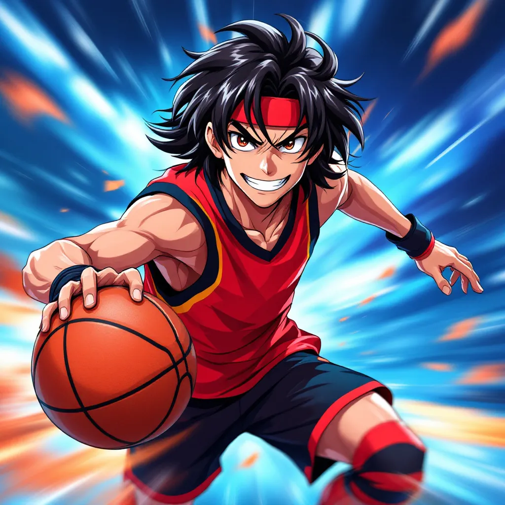 篮球少年，中长黑发男生，邪媚笑容, anime boy, shonen style, dynamic pose, vibrant colors, action-oriented, anime character portrait, high quality, detailed, best quality, masterpiece, high resolution