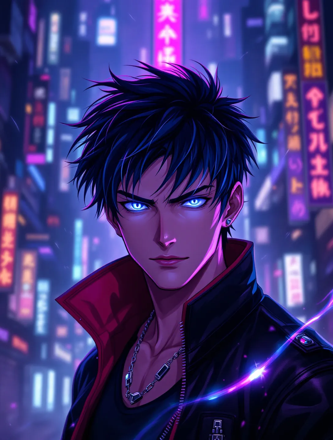 霸气 男生, cyberpunk anime style, futuristic, technological, neon lights, anime character portrait, high quality, detailed, best quality, masterpiece, high resolution