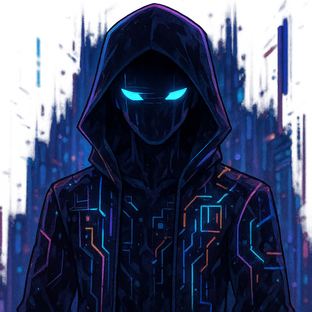 A character similair to the popular character 1x1x1x1x1 from the game forsaken. Very dark kind of transparent bt has colorful cyber like highlights
