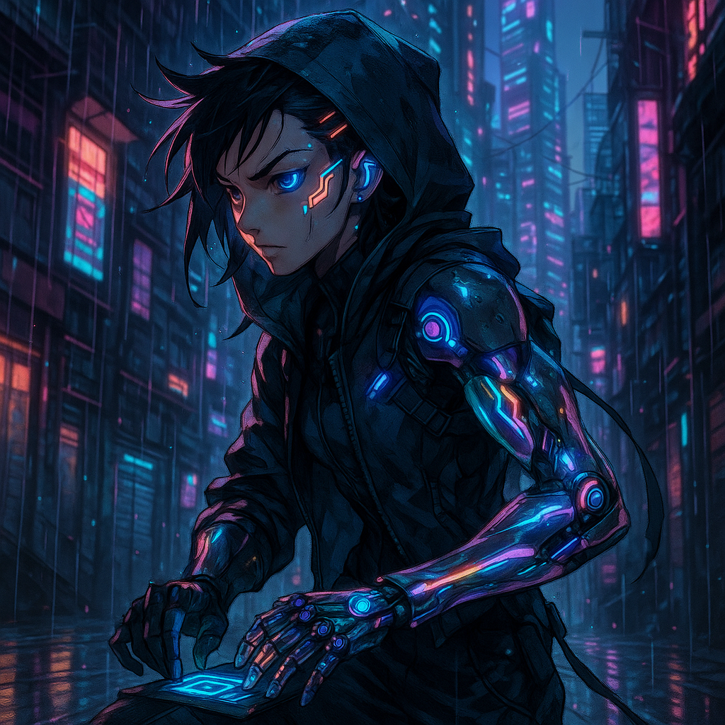 A neon-drenched street warrior with iridescent cybernetic limbs and glowing neural implants moves silently through rain-slicked alleyways driven by unwavering determination executing precision hacks while defying corporate control in a towering megacity of chrome and shadows.
