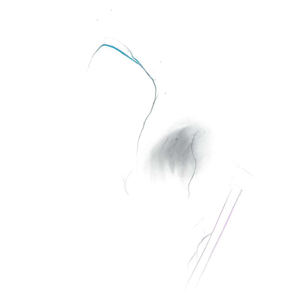 A character similair to the popular character 1x1x1x1x1 from the game forsaken. Very dark kind of transparent bt has colorful cyber like highlights the highlights are only around his hood and sword barely notiacble but around veins on his arm too. Remember he is transparent too But he's not too transparent just like a black transparent
