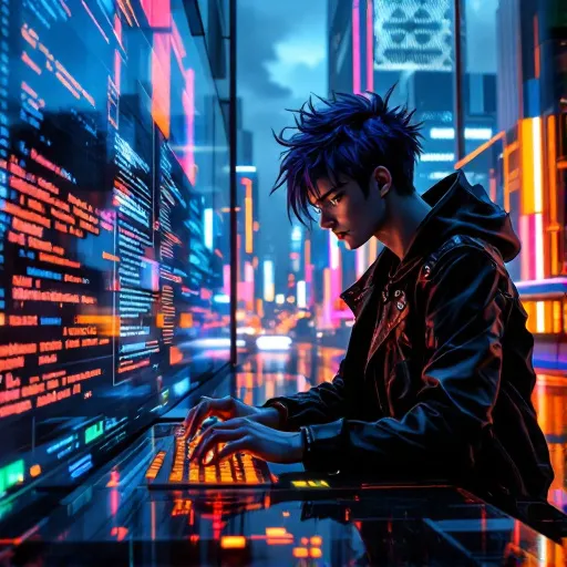 一位程序员在编写代码, cyberpunk anime style, futuristic, technological, neon lights, anime character portrait, high quality, detailed, best quality, masterpiece, high resolution