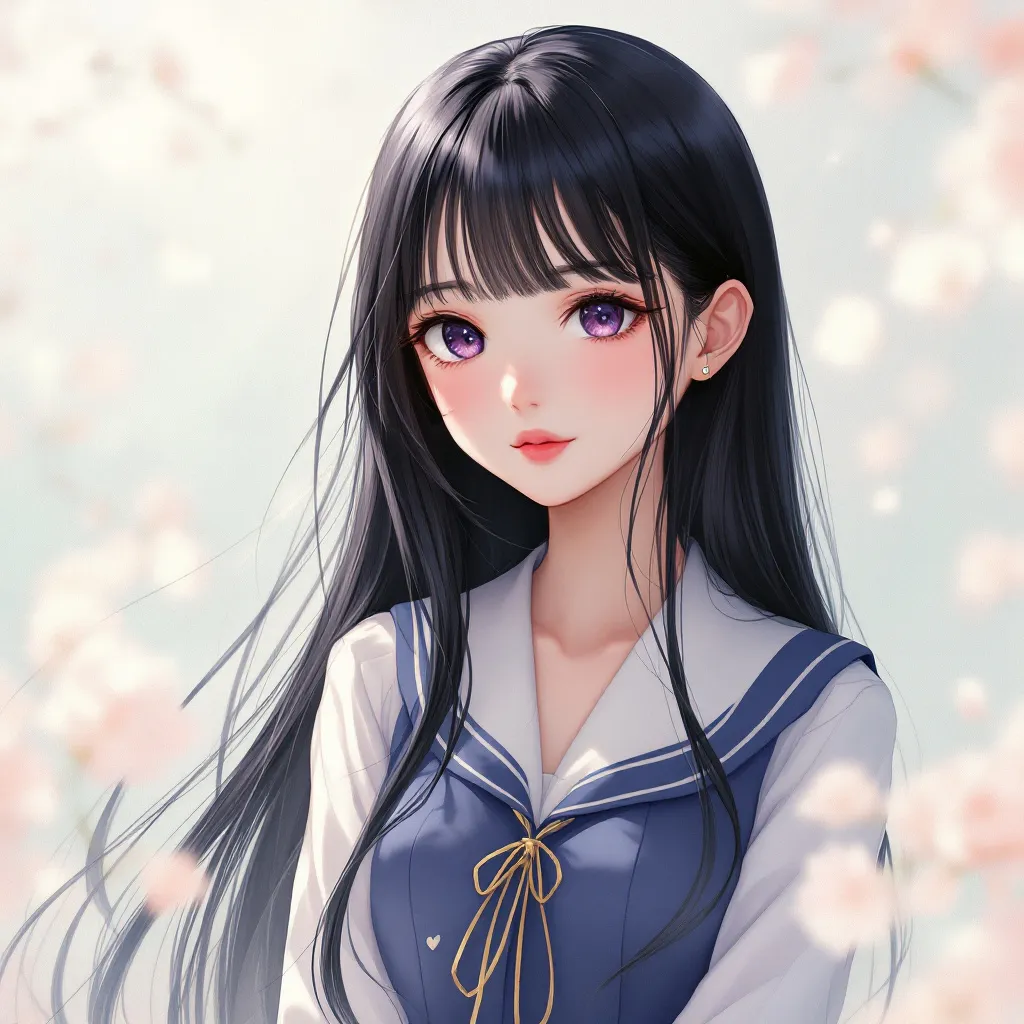 黑色长发，紫色眼睛，jk制服, anime girl, shoujo style, soft colors, romantic atmosphere, delicate features, anime character portrait, high quality, detailed, best quality, masterpiece, high resolution